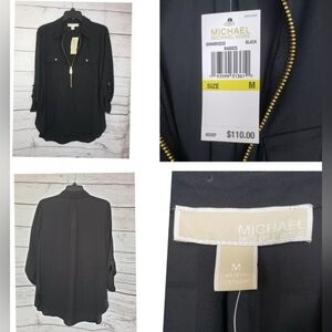 Michael Kors Dog Tag Black Woman Tie Sleeve Medium Authentic 1/2 Zip Shirt